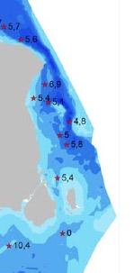 Under sommaren/hösten 9 låg halterna huvudsakligen i intervallet - ml/l vilket innebär syrebrist, men halterna understeg även vid två mättillfällen ml/l vilket är gränsen för