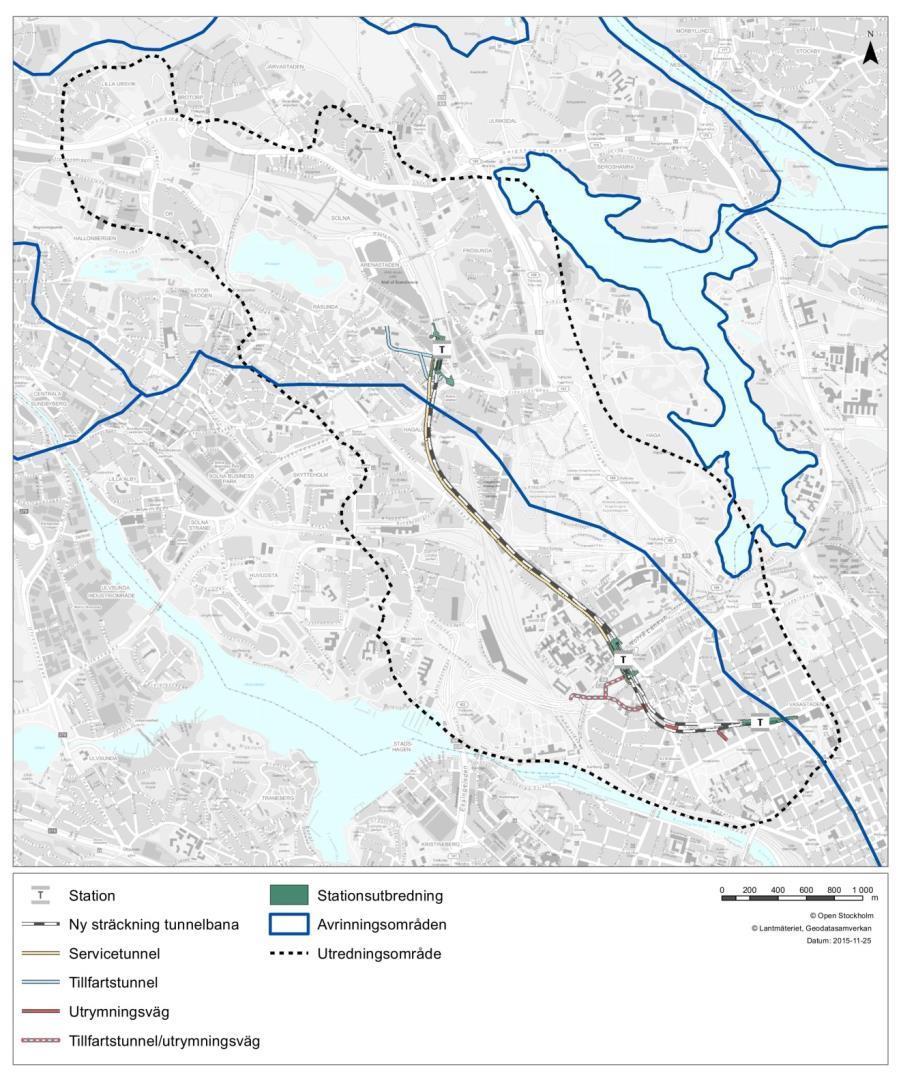 Figur 13. Avrinningsområden. 2.7.2 Grundvatten Odenplan ligger i en lersvacka i vilken det förekommer två grundvattenmagasin; ett undre i friktionsjord på berg och ett övre i fyllnadsjord på lera.