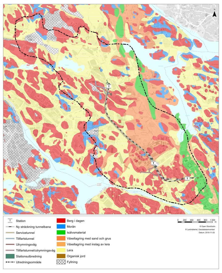 Figur 14. Bergarter och svaghetszoner. Svaghetszoner finns längs Karlbergsgatan, Torsgatan samt Norra Stationsområdet.
