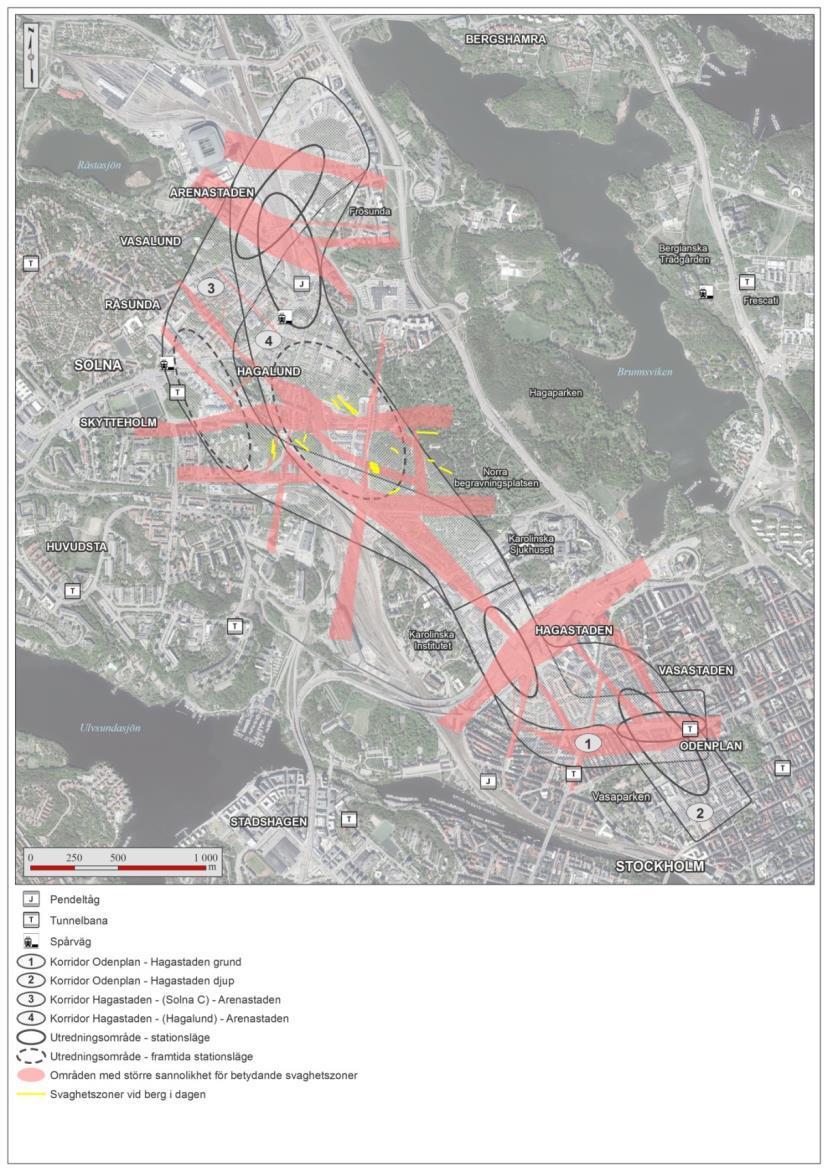 Figur 15. Områden med svaghetszoner i lokaliseringsutredningen. Källa: Sveriges geologiska undersökning 2.9.