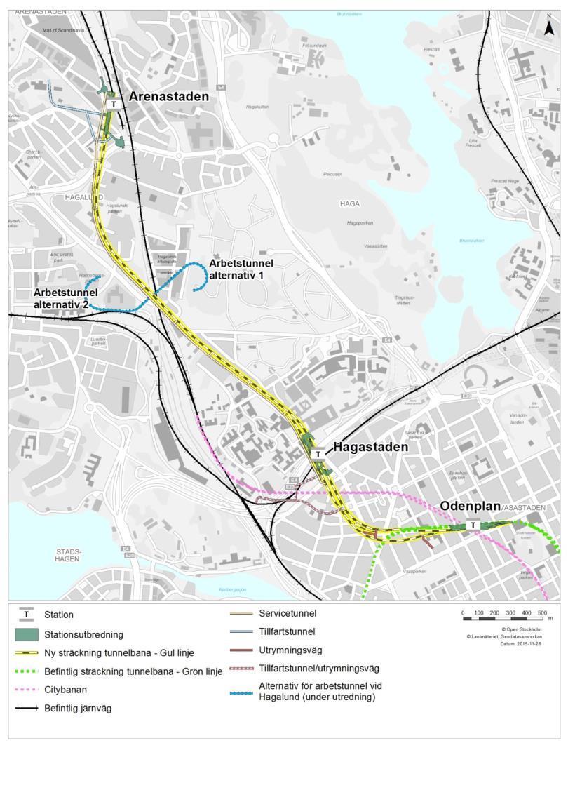 Figur 16. Spårsträckning och stationer. Citybanan passerar Odenplan. 3.1.1 Motiv till stationernas lokalisering Trafiken på Gul linje är inte jämt fördelad under rusningstrafik.