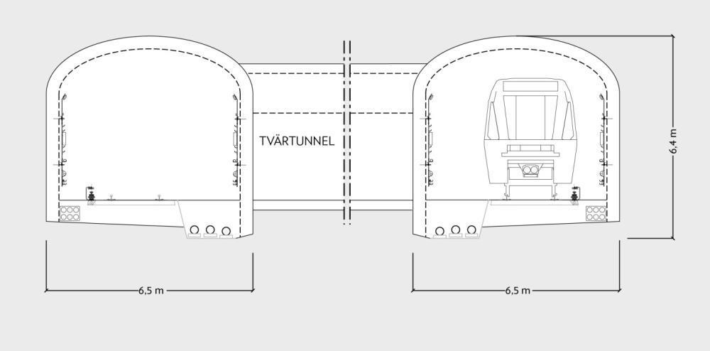 Figur 18. Normalsektion för två enkelspårstunnlar med tvärtunnlar var 300:e meter.