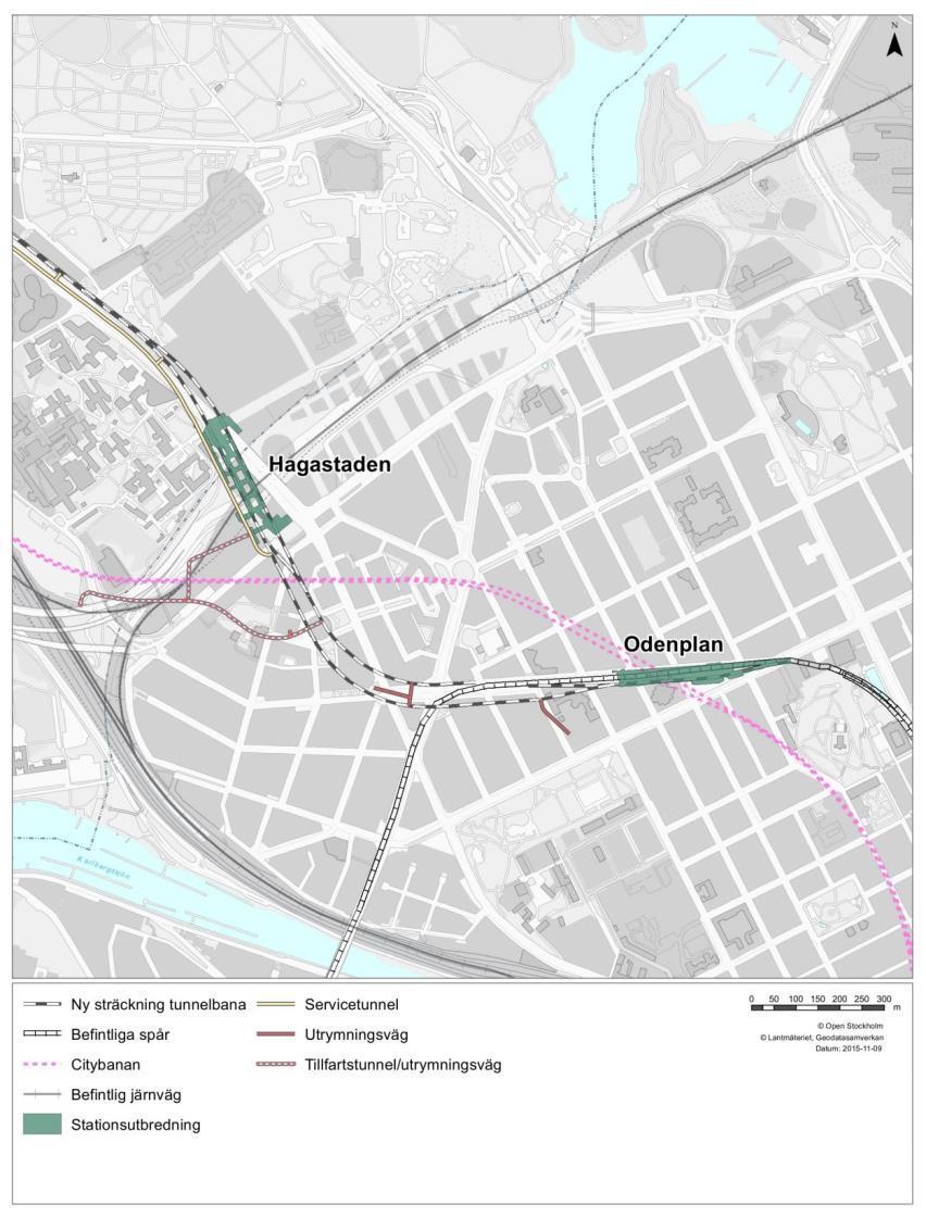 Figur 20. Utrymningsvägar på sträckan Odenplan till Hagastaden. Sammantaget behövs sex utrymningsvägar på sträckan placerade med cirka 300 meters avstånd.