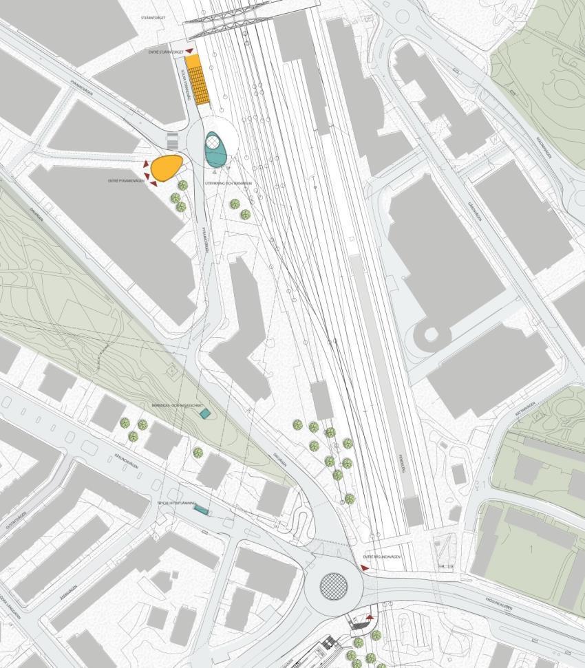 3.8.3 Anläggningar ovan mark vid station Arenastaden Ett ventilationstorn byggs vid järnvägsbron som passerar över Solnavägen.