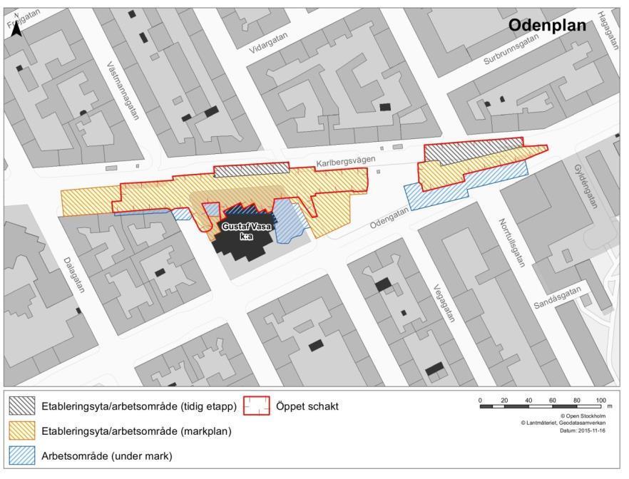 Figur 41. Arbetsområden Odenplan. Jordschaktarbeten vid Hagastaden och Arenastaden För den norra entrén i station Hagastaden byggs en ramp ner i schaktgropen öster om Solnavägen.