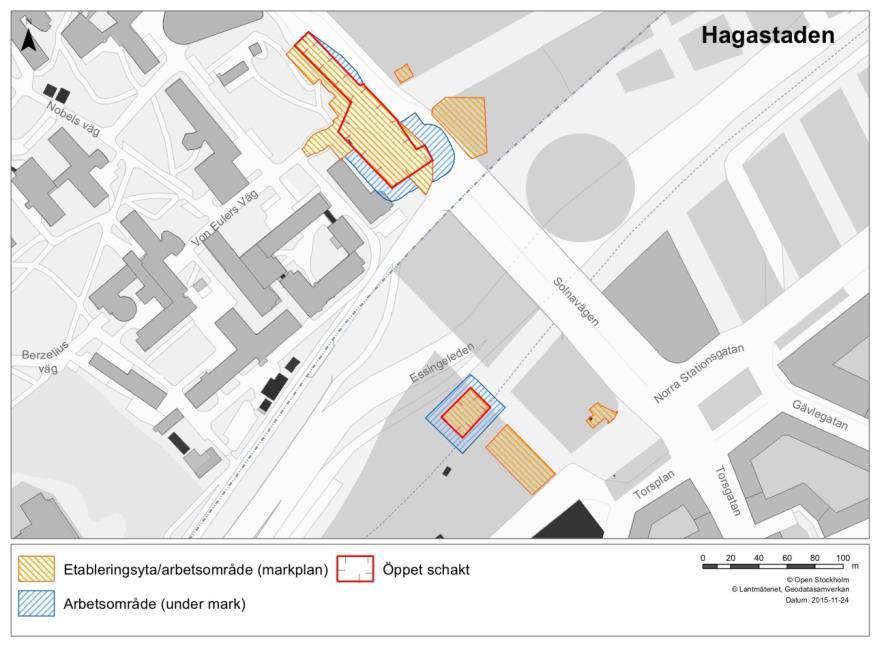 Figur 42. Tillfälliga markanspråk vid station Hagastaden. Schaktmassor som tas ut för den norra entrén i Arenastaden tas ut via en ramp i Pyramidvägen.