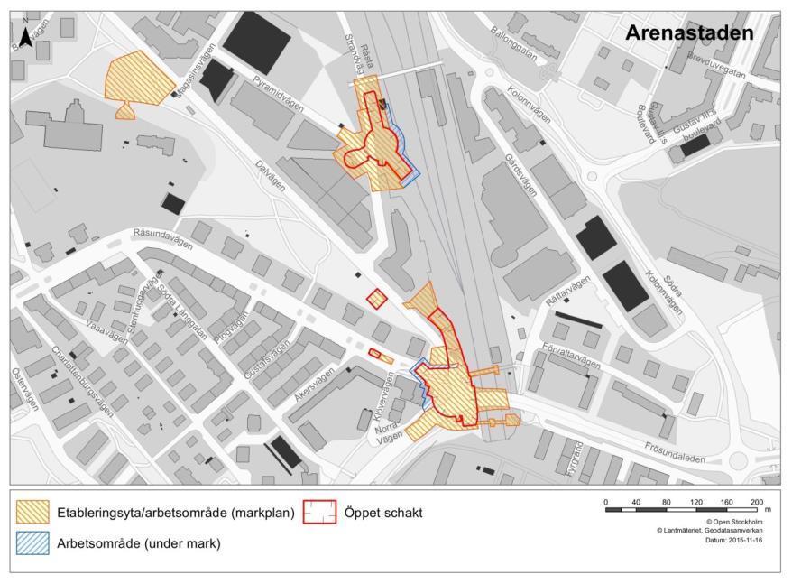 Figur 43. Tillfälliga markanspråk vid station Arenastaden. Bergschaktarbeten Botten av schaktgropen utgörs av berg. Denna måste sprängas ut och tätas.