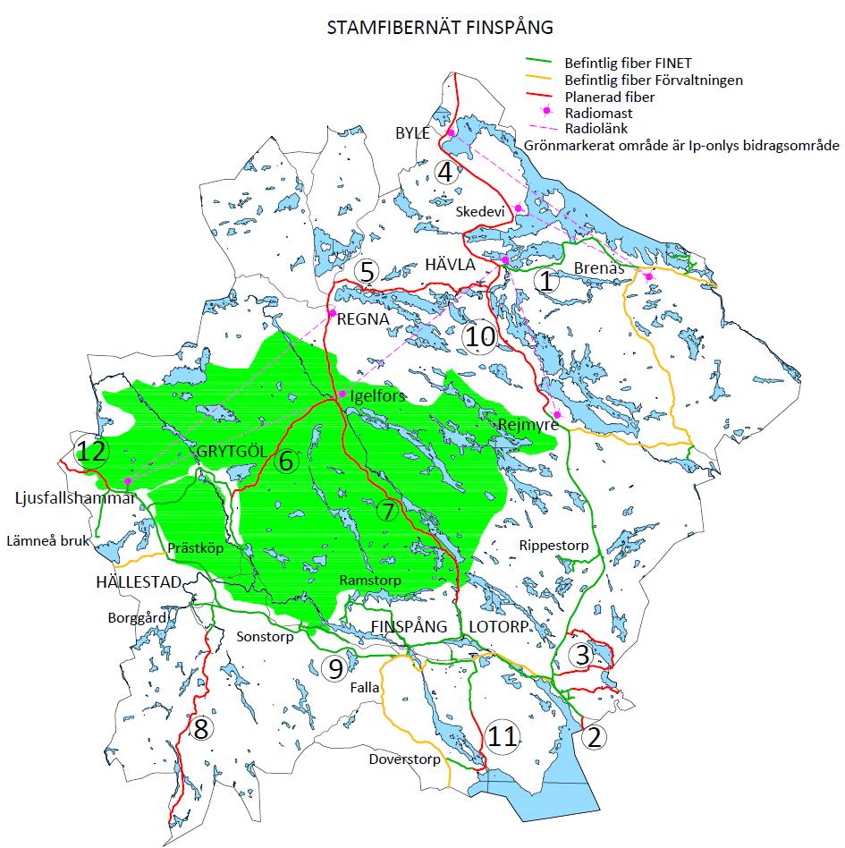 met för investering i bredbandsinfrastruktur. Efter kartan finns en sammanfattning av prioriteringen för utbyggnad per delsträcka.