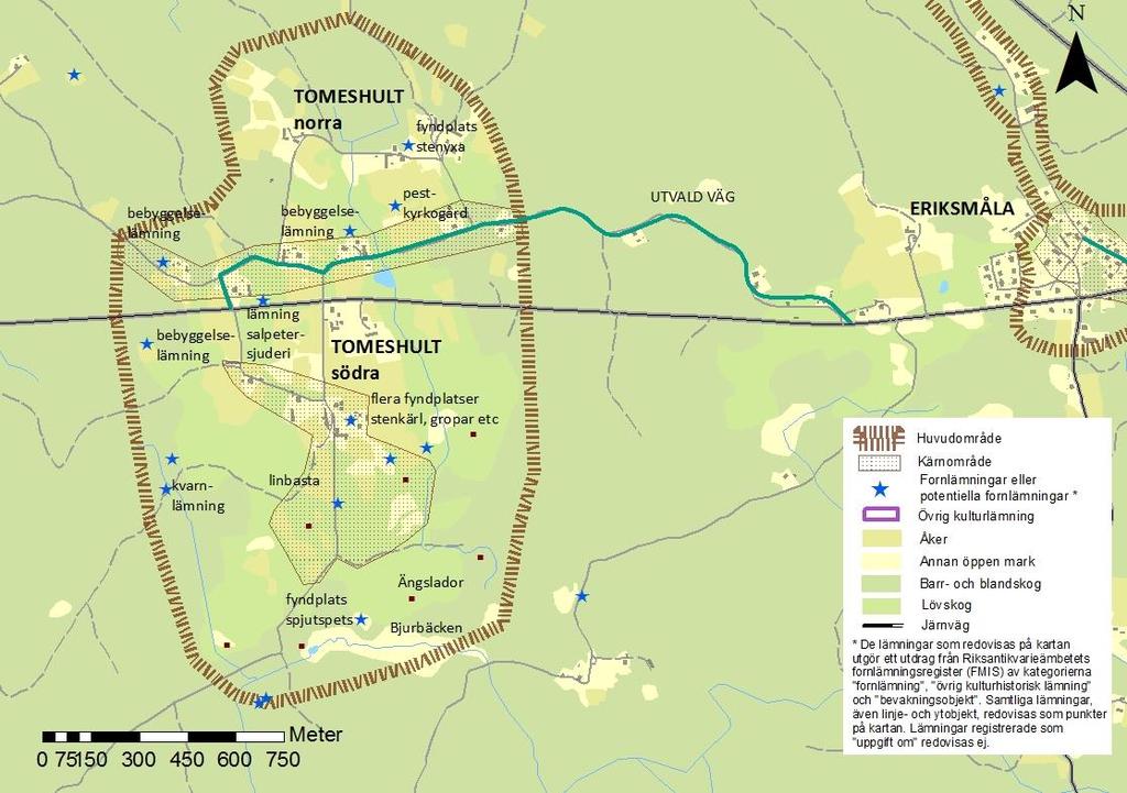 TOMESHULT Klass 2 Lyckebyåns vägar: Del av hantverkargata mot Eriksmåla. Lyckebyån som resurs: Bjurbäcken med slåttermader och flera ängslador. Kvarnlämning. Skogslandets jordbruk: Helheten.