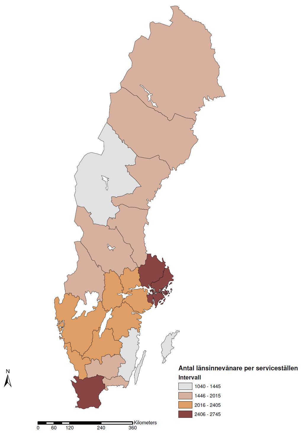 Figur 2.3 Genomsnittligt antal invånare per serviceställe i Sveriges län 2009-12-31. Figure 2.3 Average number of inhabitants per Service Provider in the counties in Sweden 2009-12-31.