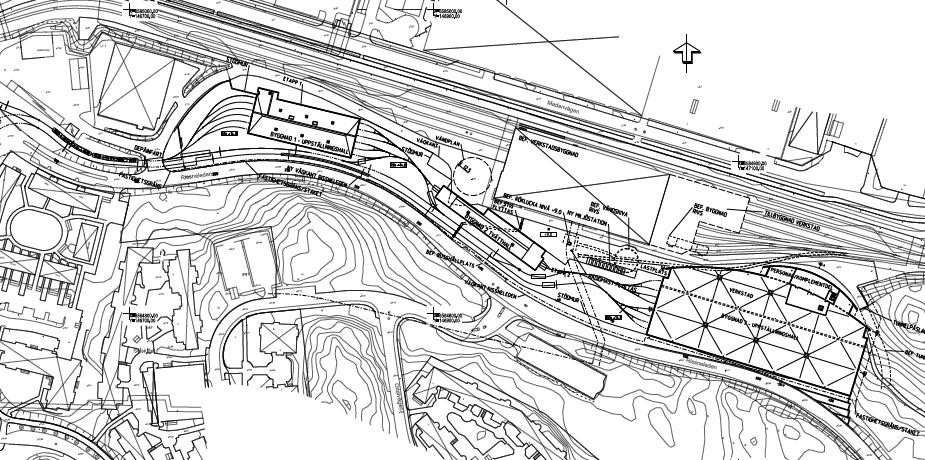 transformatorstationer Figur 2.2. Situationsplan Rissnedepån (Sweco, granskningshandling 2016-12-01). Planområdet ligger i nivå med tunnelbanedepån norr om området.
