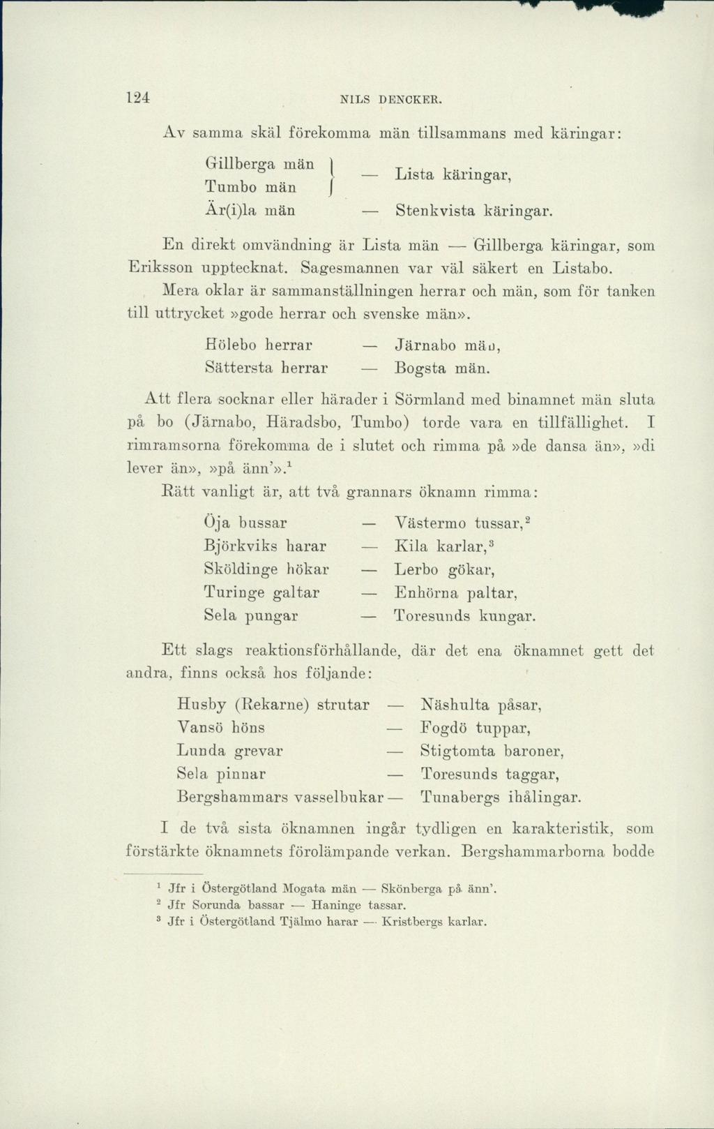 124 NILS DENCKER. Av samma skäl förekomma män tillsammans med käringar: Gillberga män Tumbo män Är(i)la män Lista käringar, Stenkvista käringar.