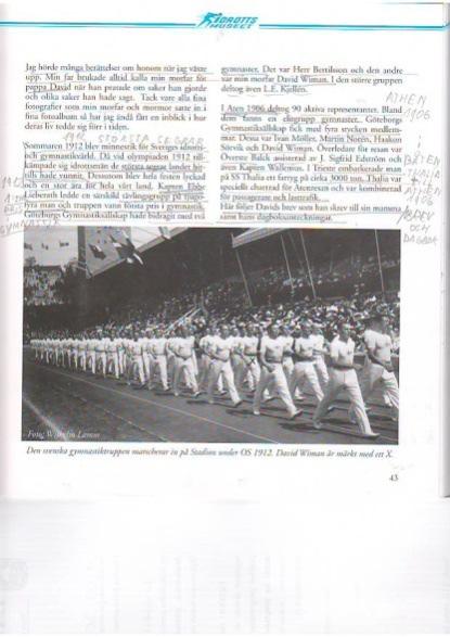 Bild 13. En sida från texten om brev och dagboksanteckningar av den svenska olympiska guldmedaljören i gymnastikens trupptävlan vid OS i Stockholm 1912, David Wiman med foto.