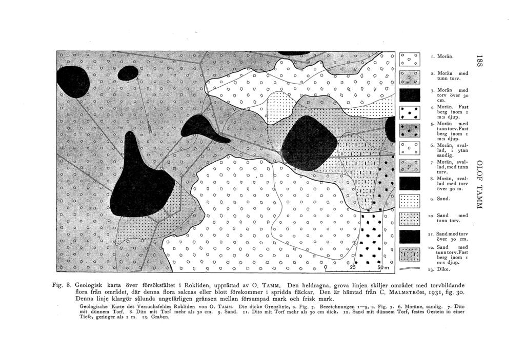 r. Morän. 2. Morän med tunn torv. en en o 3 Morän med torv över 30 cm. 4 Morän. Fast berg inom I m:s djup. 5 Morän rr.ed tunn torv.fast berg inom I m:s djup. 6. VIorän, svaad, i ytan sandig. 7.