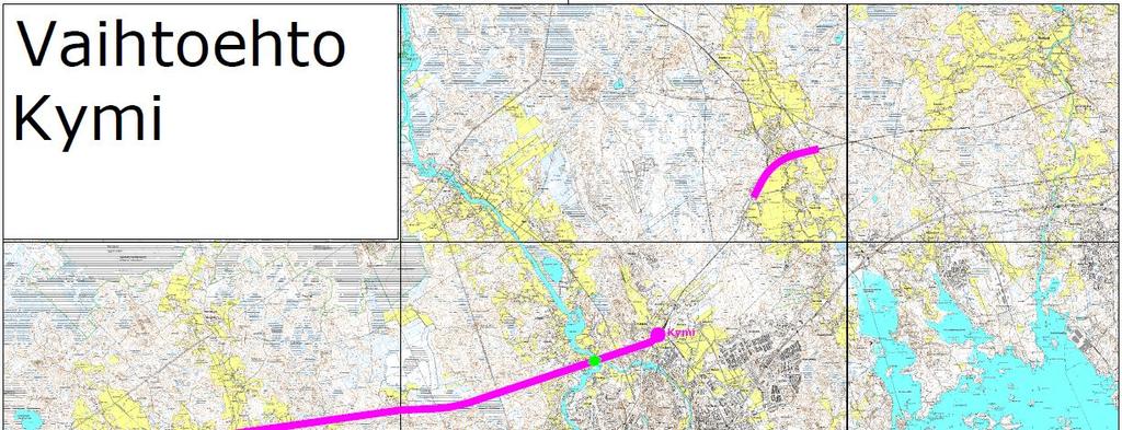 ALTERNATIV FÖR STRÄCKNING OCH STATIONER 19 / 30 4.2.2 Alternativet Kymmene Sträckningen via Kymmene station motsvarar den nuvarande landskapsplanen.