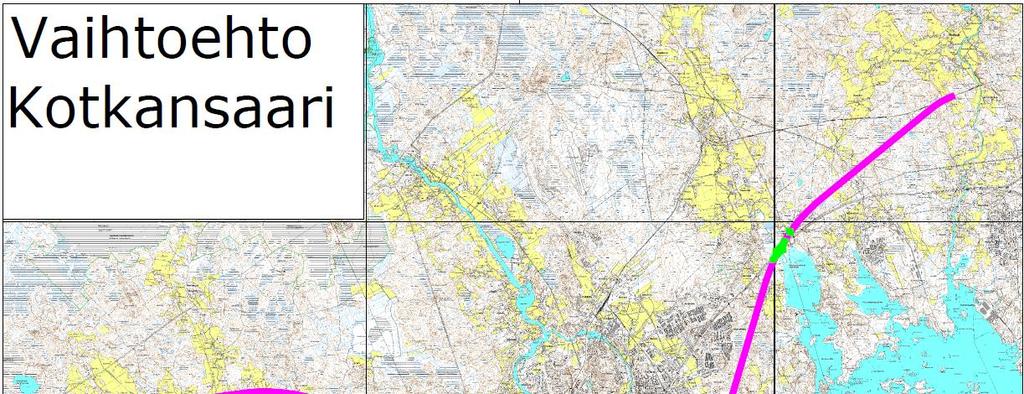 ALTERNATIV FÖR STRÄCKNING OCH STATIONER 20 / 30 4.2.3 Alternativet Kotkaön I det här alternativet behövs ny bana på det undersökta området cirka 33 km, varav 12 km är tunnel.
