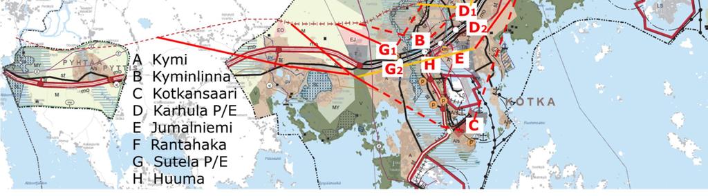 (figur 2): Kymmene: läge enligt den nuvarande landskapsplanen Kyminlinna: nuvarande hållplats där det finns god service av lokaltrafik, tunnelstation Kotkaön: Kotka stadscentrum med goda