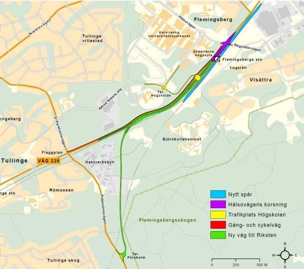 KS 2015-1707 10 (34) Översiktsbild över ingående delar i Projektet BanaVäg Flemingsberg Höga anläggningskostnader och ett flertal ändrade förutsättningar i Flemingsberg efter vägutredningen har lett