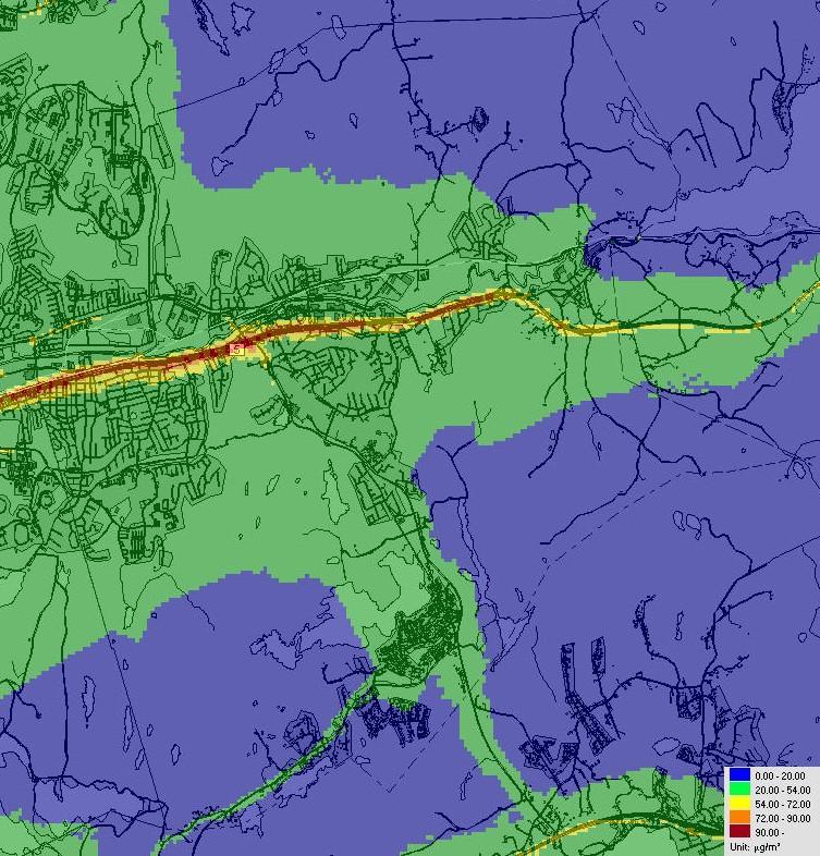 Timmedelvärde Beräkningarna för timmedelvärdet visar att MKN överskrids inom vägområdet på E20 (rött område).
