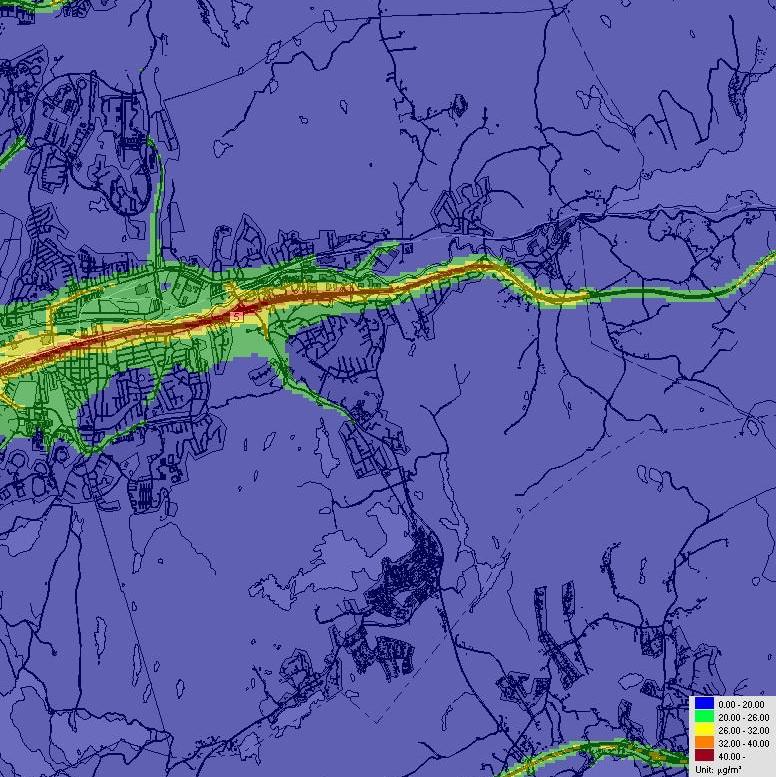 Årsmedelvärde Beräkningarna för årsmedelvärdet visar att MKN överskrids inom vägområdet på E20 (rött område).