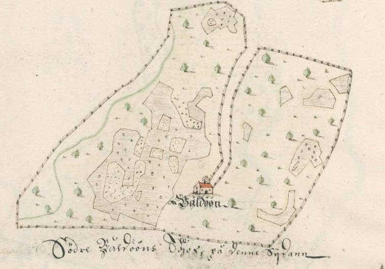 På kartan från 1655 syns det historiska bebyggelseläget och den svängda vägen