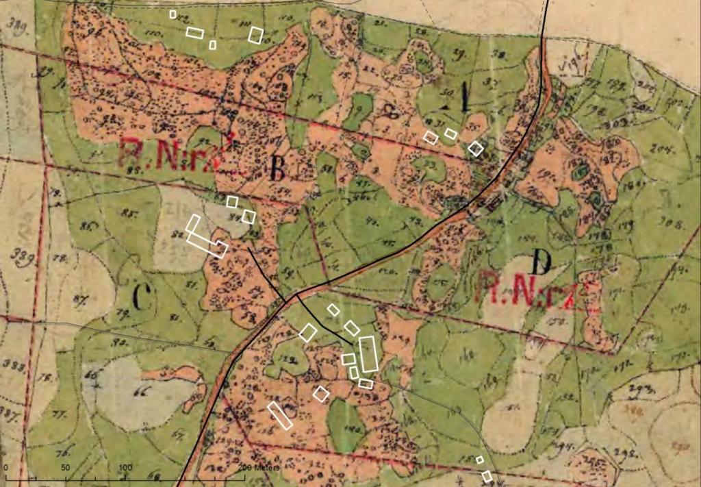 Södra Båldön 1838, med dagens karta ovanpå, i form av vita byggnader och svarta vägar.