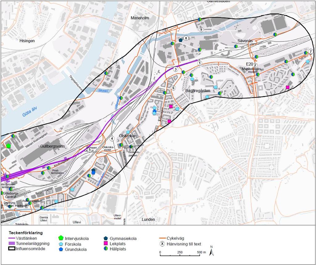 Figur 2. Karta från Barnkonsekvensanalys för järnvägsplanen. Planförslaget Det behöver göras flera nya broar inom Olskrokens järnvägsområde, som ligger bredvid motorvägen E20.
