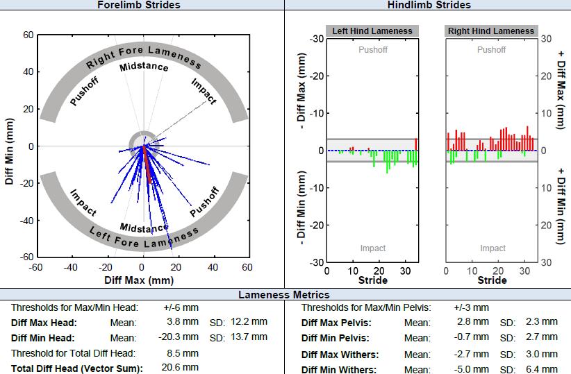 Figur 2. Diagram från mätning med Lameness Locator. Figur 2 visar ett diagram för en häst med en vänstersidig frambensasymmetri mätt med Lameness Locator i trav på rakt spår.