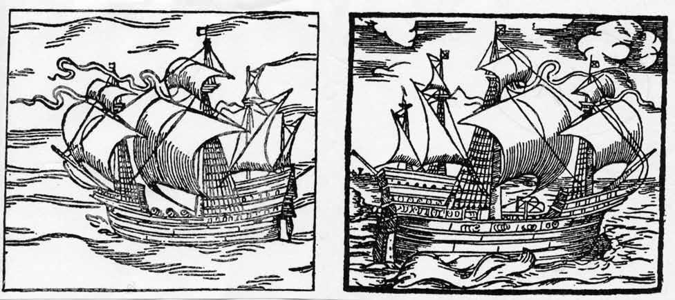 Figur 12. Skeppsbilder i segelbeskrivningar från Visby tryckta i Amsterdam. Det vänstra utan kanonportar från 1544 och den högra med portar från 1566. Efter Halldin 1963.