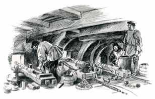 Figur 21. Under däck trängdes besättningen med kanoner, materiel och persedlar. Illustration: Göte Göransson däcken. Det handlade om en kanon på babord sida och motsvarande kanon på styrbords sida.