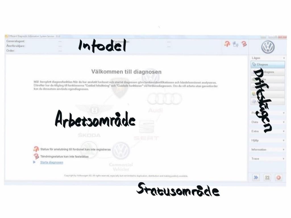 ODIS - Användargränssnitt Infodel: Här presenteras information rörande vilken bil vi jobbar med, hur de olika uppkopplingarna ser ut, samt verkstadens information.