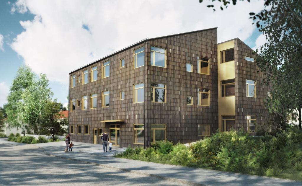 Illustration av den nya byggnaden, sett från Ripsavägen. Bildkälla Max Arkitekter Den nya byggnaden föreslås placeras mot Ripsavägen för enkel angöring och för att skapa en mer skyddad förskolegård.