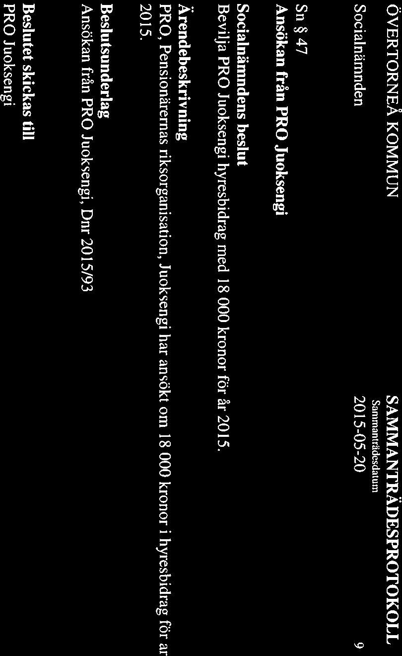 Sammanträdesdaturn 2015-05-20 9 Sn 47 Ansökan från PRO Juoksengi s beslut Bevilja PRO Juoksengi hyresbidrag med 18 000 kronor för år 2015 PRO, Pensionärernas riksorganisation,