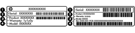 Komponent (1) Serienummer (2) Produktnummer (3) Garantiperiod (4) Modellnummer (endast vissa modeller) Etikett med Microsoft äkthetscertifikat (vissa modeller endast före Windows 8) innehåller
