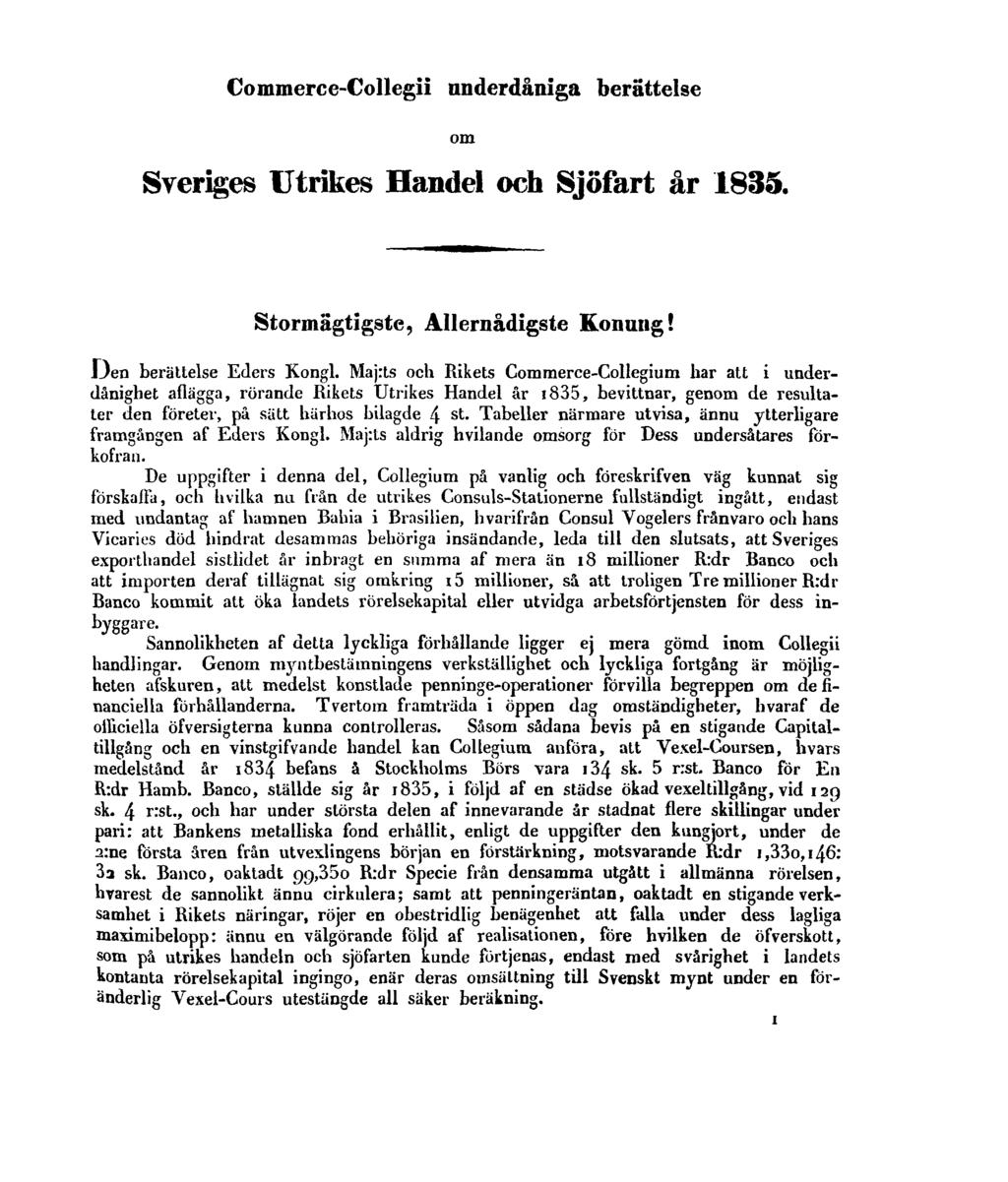 Commerce-Collegii underdåniga berättelse om Sveriges Utrikes Handel och Sjöfart år 1835. Stormägtigste, Allernådigste Konung! Den berättelse Eders Kongl.