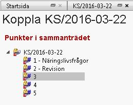 rubrik. Visar alla nivåer av sammanträdespunkterna. Punktnummer och rubrik, ärende och handlingar kopplade till sammanträdespunkten. Visar endast punktnummer och rubrik för sammnatädespunkterna.