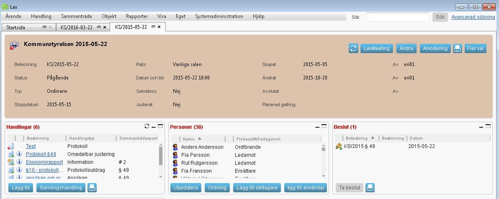 1.3 Sammanträdeskort Sammanträden i Lex beskrivs i sammanträdeskort, som består av ett huvud där centrala uppgifter om sammanträdet visas, samt ett antal boxar som visar olika uppgifter på