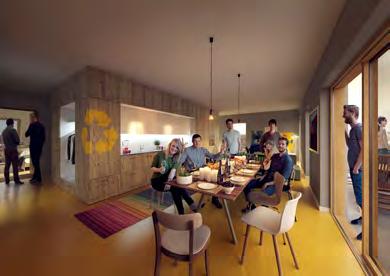 Designteamet beskriver förslaget som en innovativ lösning på bostadsbristen i Stockholm som kombinerar gemensamma utrymmen och enskilda bostadsrum som ger lägre hyreskostnader. 15 Fig 6 och 7.