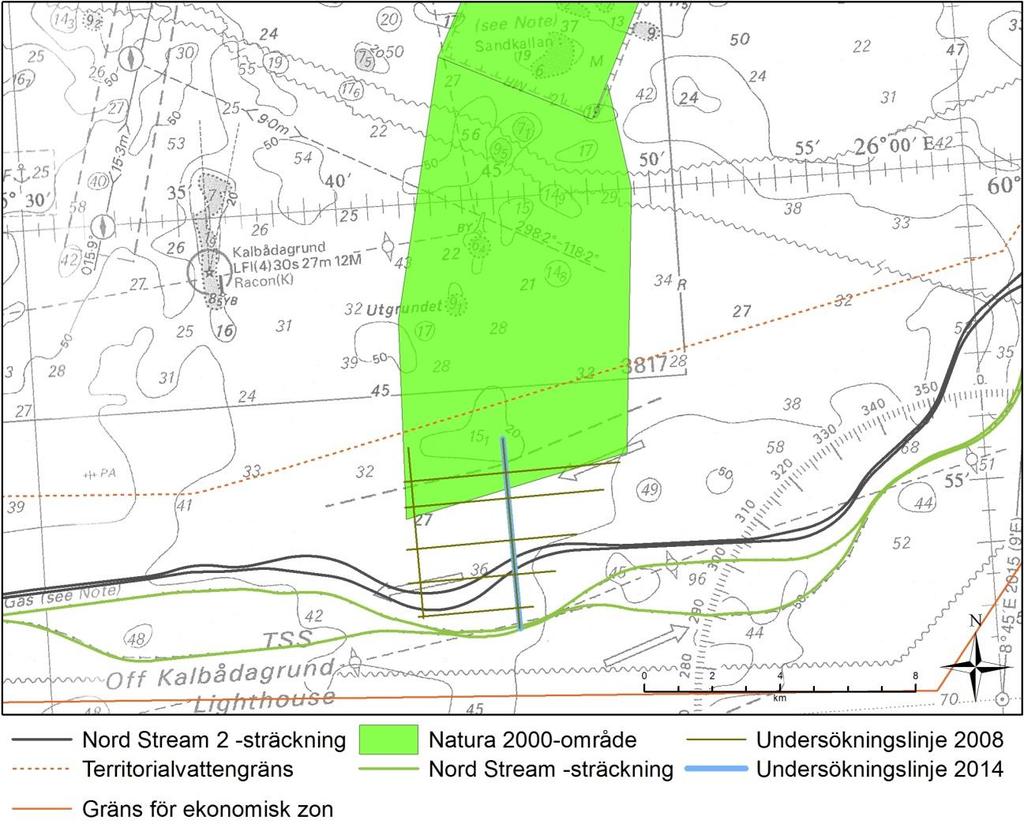 17 Figur 7-3. Undersökningslinjerna i den södra delen av Natura 2000-området och i det närliggande havsområdet 2008 och 2014. Den blåa undersökningslinjen var gemensam för båda åren.