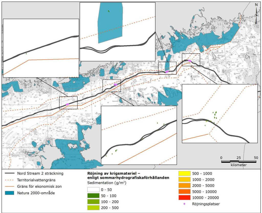 22 Figur 8-3. Sedimentering av material som frigjorts vid krigsmaterielröjning under lugna hydrografiska förhållanden. Resultaten är baserade på modellering av sedimentspridning.