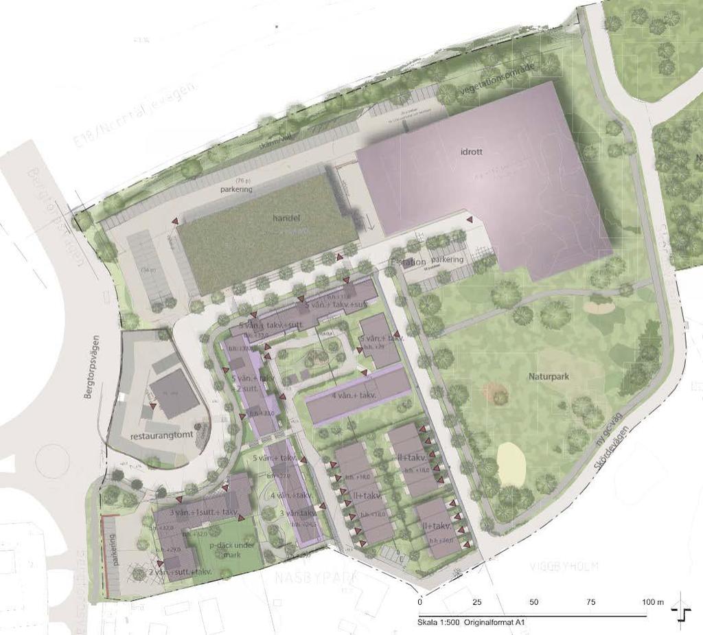3.1 Föreslagen exploatering och utformning av området Den planerade exploateringen inom området omfattar ett radhusområde, flerbostadshusområde, ytor för handel, en restaurang och en tennishall med