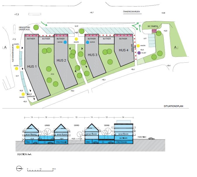 Bild 2. Illustrationsritning av våningshus, grönytor, nya angörings- och parkeringsplatser. 4. Föreslagen dagvattenhantering 4.