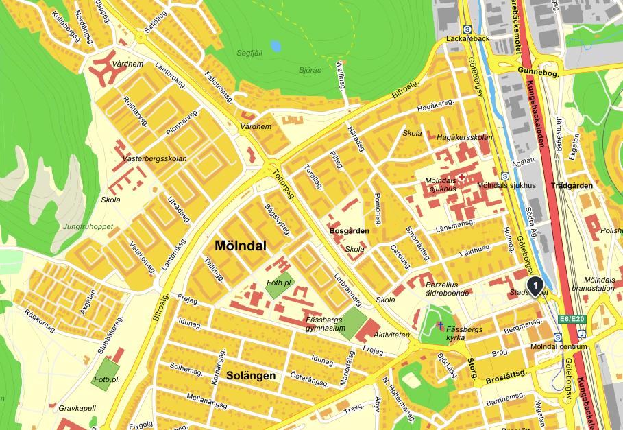 5 (22) sträcker sig mellan Göteborg och Mölndal. Inom planområdet står det i dagsläget en byggnad som nyttjas av Västra Götalandsregionen samt Air Liquide. Figur 1. Översiktsbild av centrala Mölndal.