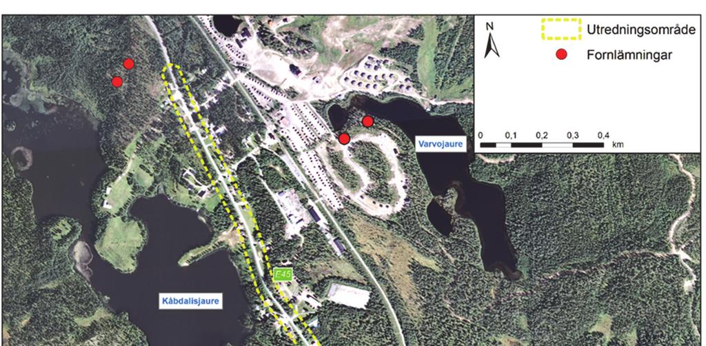 Figur 9 Kända fornlämningar som ligger utanför utredningsområdet och som inte kommer beröras av projektet. Naturmiljö Omgivande naturmark domineras av gran- och tallskogsmark med inslag av björk.
