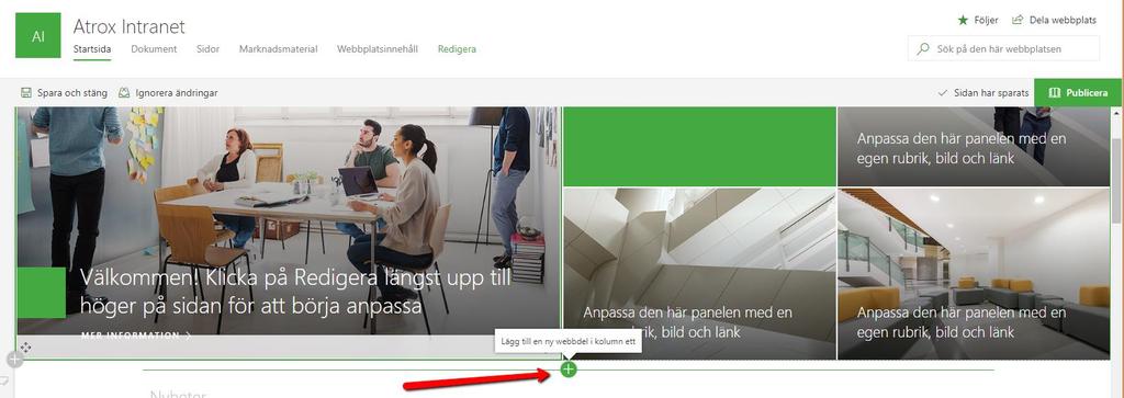 I exemplet nedan har vi skapat en länk till sidan Marknadsmaterial och valt att