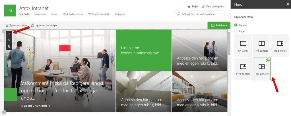 8. När sidan är tom, lägg till ett nytt avsnitt genom att klicka på plustecknet till vänster och/eller lägg till en webbdel genom att klicka på plustecknet mitt på sidan. 9.
