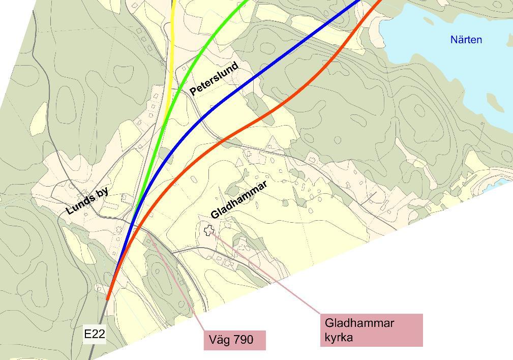 Alternativ blå Det öppna landskapet vid Gladhammar påverkas mindre än i det Röda alternativet eftersom den nya vägsträckan kan ansluta till befintlig väg E22 något mer norrut.