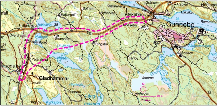 Det ska sammanfatta det gestaltningsarbete som genomförts i arbetet med lokaliseringsstudien. Figur 1. Lokaliseringskarta Väg E22 sträcker sig från Malmö till Norrköping.