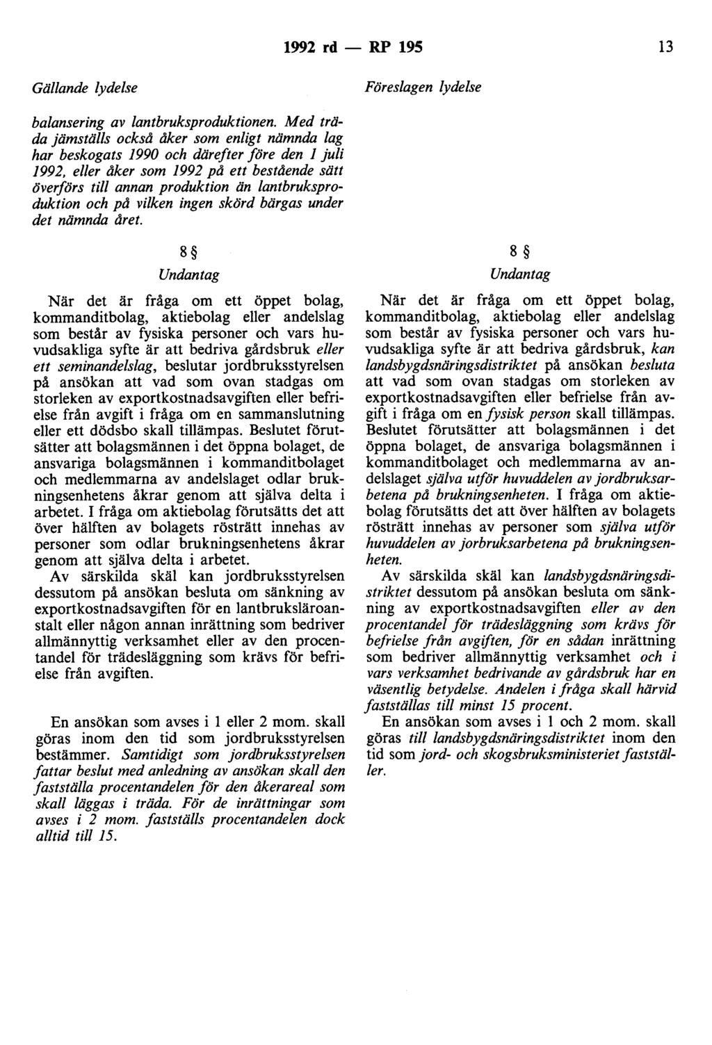 1992 rd - RP 195 13 Gällande lydelse Föreslagen lydelse balansering av lantbruksproduktionen.