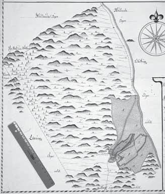 Fig. 4. Den äldsta kartan över Hustyft (LMV akt nr. N.97-49:1), upprättad av lantmätaren Johan Kempensköld år 1700. Vägkorridoren löper i västra hälften av kartan, på den tidigare utmarken. Foto: P.